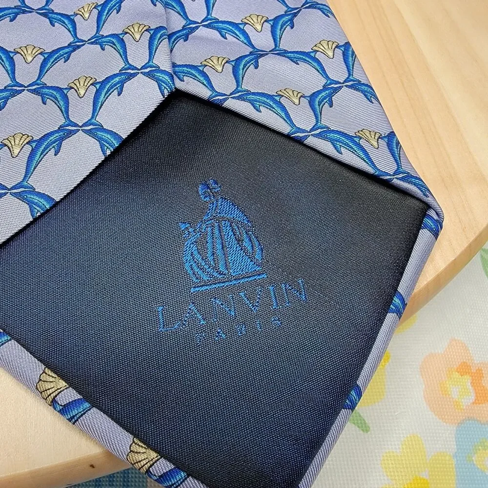Lanvin Paris Dolphin Print Silk Tie Blue Sea Life Ocean Marine Novelty Necktie